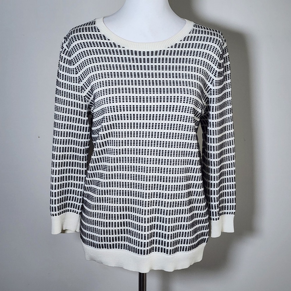 J Crew Cotton Geometric Knit Sweater Top Womens Small White Black Preppy Coastal